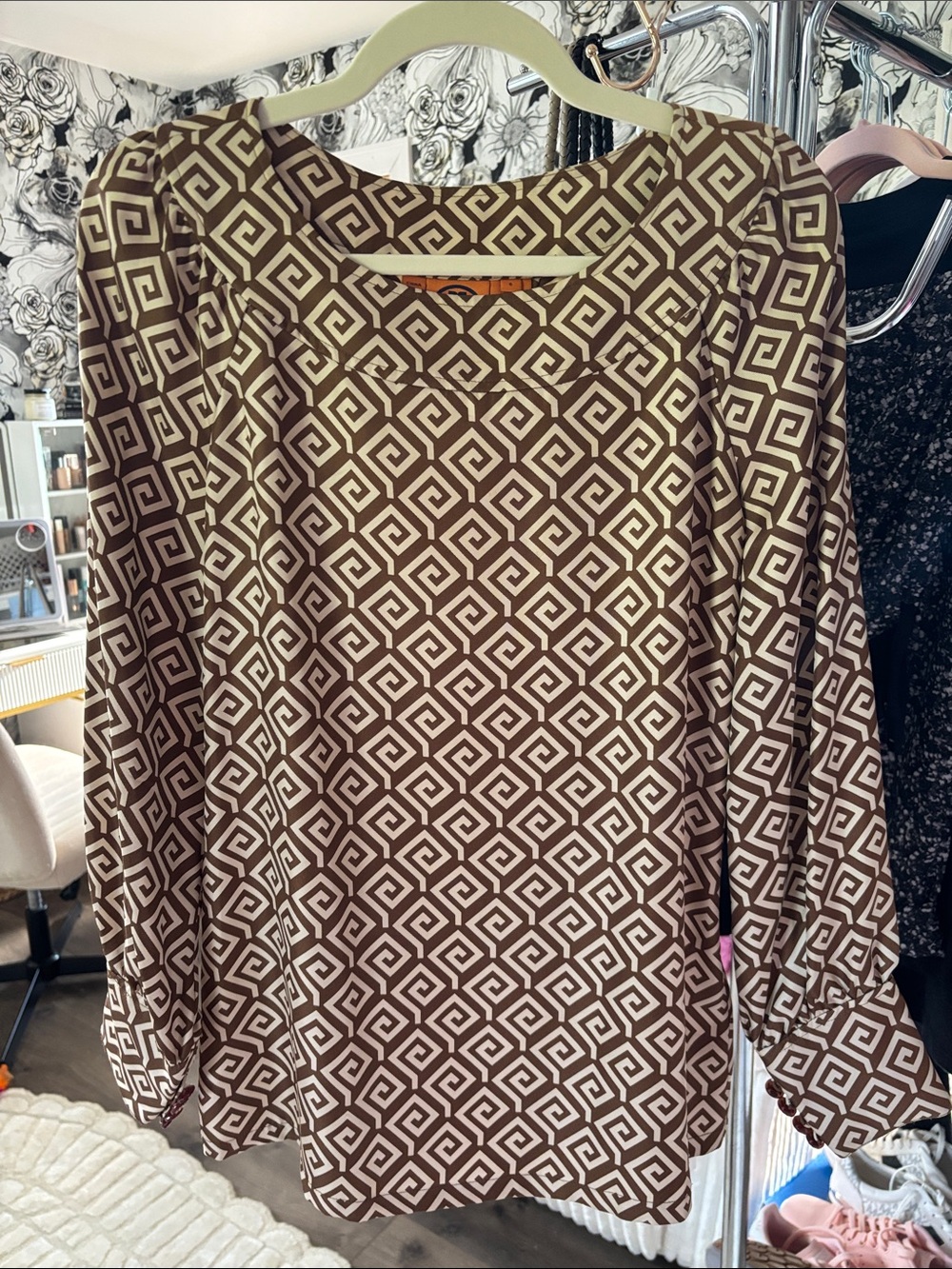 Tory Burch Silk Brown & Cream Geometric Long-Sleeve Blouse